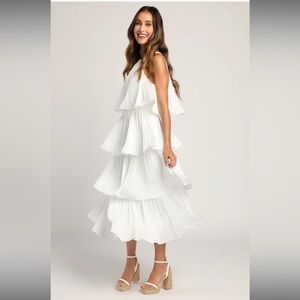 Lulus Tier and Far White Tiered Pleated Halter Midi Dress